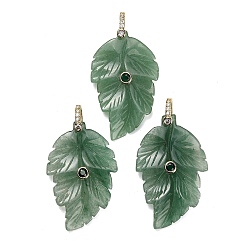 Green Aventurine Natural Green Aventurine Pendants, Leaf Charms, with Brass Pave Cubic Zirconia Findings, Golden, 39~40x24.5~26x5.5~7mm, Hole: 5.5x7mm