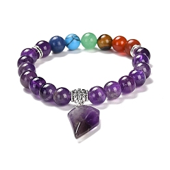 Аметист Эластичные круглые браслеты с натуральным аметистом и смешанными драгоценными камнями, Браслет на тему чакры с подвесками в форме половины сердца, внутренний диаметр: 2-1/8 дюйм (5.5 см)