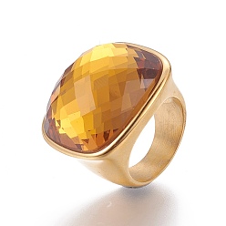 Goldenrod Ion Plating(IP) 304 Stainless Steel Finger Rings, with Faceted Glass, Goldenrod, Size 6~9, 16~19mm