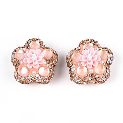 Персиковый Слойка Полимерная глина в форме цветка со стразами, с жемчужиной из смолы и АБС-пластика, для ручек с бусинами, брелки, ювелирные изделия и ремесла, розовые, 25.5x26.5x18.5 мм, отверстие : 1.8 мм