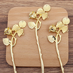 Golden Alloy Flower Hair Sticks, Enamel and Cabochons Setting, with Loops, Long-Lasting Plated Hair Accessories for Woman, Golden, 172x37mm, Tray: 12mm
