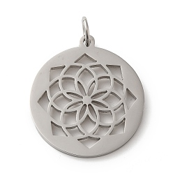 Flower 304 Stainless Steel Pendants, with Jump Ring, Flat Round, Stainless Steel Color, Flower, 33x29.5x2mm, Hole: 5.5mm