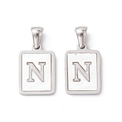 Letter N 304 Stainless Steel Pave Shell Pendants, Rectangle Charm, Stainless Steel Color, Letter N, 17.5x12x1.5mm, Hole: 3x5mm