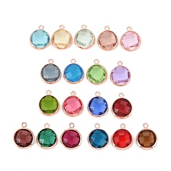 Mixed Color Glass Charms, with Rose Gold Plated Brass Findings, Long-Lasting Plated, Lead Free & Nickel Free & Cadmium Free, Faceted Flat Round, Mixed Color, 7x4x1.8mm, Hole: 0.8mm
