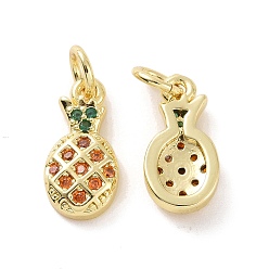 Colorful Brass Micro Pave Cubic Zirconia Charms, with Jump Ring, Real 18K Gold Plated, Pineapple, Colorful, 13.5x6.5x3mm, Jump Ring: 5x0.8mm, Inner Diameter: 3.2mm
