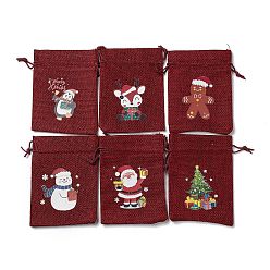 Dark Red 6Pcs 6 Styles Christmas Theme Rectangle Jute Bags, with Nylon Cord, Drawstring Pouches, for Gift Wrapping, Dark Red, 13~13.6x9.7~10x0.45cm, 1pc/style