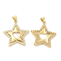 Real 18K Gold Plated Brass Micro Pave Cubic Zirconia Pendants, Lead Free & Cadmium Free, Star with Heart Charms, Real 18K Gold Plated, 25x27x2.5mm, Hole: 5.3x3.5mm