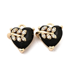 Черный Латунные микро проложить кубического циркония подвески, сердце с подвесками в виде листьев, со стеклом, долговечный, золотые, чёрные, 12.5x10.5x8 мм, отверстие : 1.4 мм