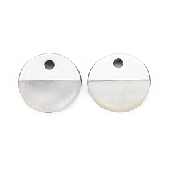 Platinum Natural Freshwater Shell Charms, with UV Plated, Falt Round, Platinum, 15x1.5mm, Hole: 2mm