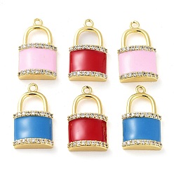 Mixed Color Brass Micro Pave Clear Cubic Zirconia Pendants, with Enamel, Real 18K Gold Plated, Lock Charms, Mixed Color, 23x13.5x5mm, Hole: 1.8mm