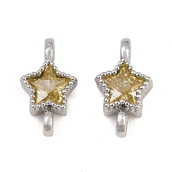 Platino Dijes conectores de latón con circonitas cúbicas amarillas engastadas, enlaces estrella, chapado en rack, larga duración plateado, Platino, 9.5x5x3 mm, agujero: 1.2 mm