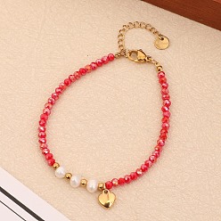 Красный Браслет из барочного натурального жемчуга и кварца, модный брелок из нержавеющей стали в форме сердца, красные