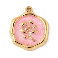 Pink 304 подвески из нержавеющей стали, с эмалью, плоская круглая с подвеской в виде цветка, реальный 18 k позолоченный, розовые, 18x16x2 мм, отверстие : 1.2 мм