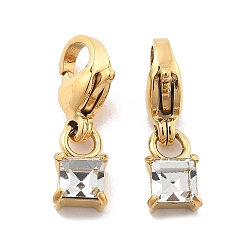 Кристалл Квадратные 304 подвесные украшения из нержавеющей стали со стразами, украшения с застежкой в виде клешни лобстера, ионное покрытие (ip), реальный 14 k позолоченный, кристалл, 16.5 мм