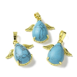 Синтетическая Бирюза Синтетические бирюзовые подвески, подвески-слезинки с золотистыми латунными крыльями, стойки покрытие, без кадмия и без свинца, 22.5x24.5x9 мм, отверстие : 7.5x4.5 мм