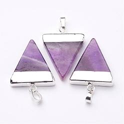 Amethyst Triangle Shaped Natural Gemstone Pendants, with Silver Color Plated Brass Findings, 32~35x22~25x6mm, Hole: 5x8mm