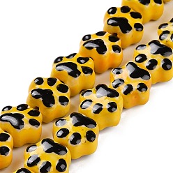 Or Chapelets de perles en porcelaine manuels, empreintes de pattes de chat, or, 13.5x15x10mm, Trou: 1.5mm, Environ 25 pcs/chapelet, 12.99'' (33 cm)