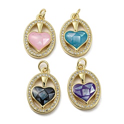 Mixed Color Brass Micro Pave Cubic Zirconia Pendants, with Enamel Shell, Oval with Heart, Mixed Color, 21x14x4mm