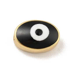 Black Real 18K Gold Plated Brass Beads, with Enamel, Cadmium Free & Lead Free, Long-Lasting Plated, Oval with Evil Eye, Black, 6.5x10x5.5mm, Hole: 1.2mm