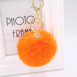 orange Christmas Snowflake Plush Keychain with Alloy Snowflake and Pom-pom Pendant