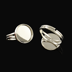 Platinum Adjustable Brass Ring Components, Pad Ring Findings, with Flat Round Cabochon Bezel Settings, Platinum, Tray: 12mm, 17mm