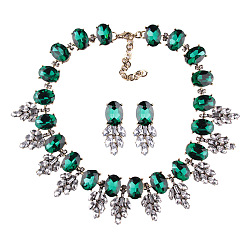 Green Sparkling Geometric Crystal Necklace and Earrings Set for Formal Occasions
