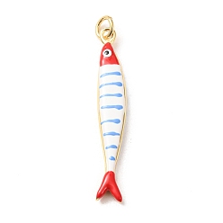 Cornflower Blue Brass with Enamel Pendants, Fish with Stripe Charms, Rack Plating, Long-Lasting Plated, Lead Free & Cadmium Free, Real 18K Gold Plated, Cornflower Blue, 44x7x4mm, Hole: 3.5mm