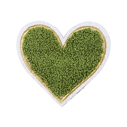 Yellow Green Towel Embroidered Patch, Love Heart Embroidery Chenille Appliques, Iron-on Clothing Apparel Decoration, Yellow Green, 75x70mm
