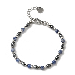 (306FM) Жонкиль матовый с лаймовой подкладкой Браслеты из натуральной голубой пятнистой яшмы и немагнитного синтетического гематита для женщин, с 201 нержавеющей сталью и 304 фурнитурой из нержавеющей стали, бусина : 4 мм и 6x4.5 мм, 7-1/8 дюйм (18.1 см)