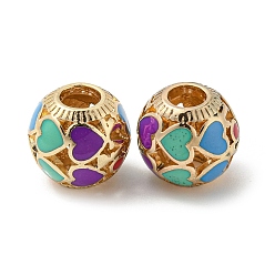 Golden Alloy Enamel European Beads, Large Hole Beads, Round with Heart, Golden, 14x13mm, Hole: 5mm