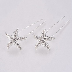 Crystal Wedding Bridal Alloy Hair Forks, with Rhinestone, Starfish/Sea Stars, Crystal, 73~74mm, Pin: 1.3mm, Starfish/Sea Stars: 27~28x4mm