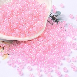Pink 6/0 Opaque Colours Rainbow Plated Round Glass Seed Beads, Pink, 4x3mm, Hole: 1.2mm, about 7200pcs/pound