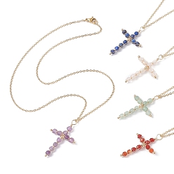 Mixed Color Natural Mixed Gemstone Beaded Cross Pendant Necklace, Golden Stainless Steel for Women, Mixed Color, 17.52 inch(44.5cm)