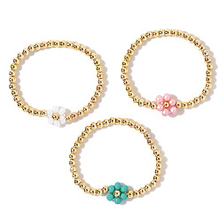 Mixed Color 3Pcs 3 Colors Glass Flower Brass Round Beaded Stretch Bracelet Sets, Adjustable Stackable Bracelets for Women, Golden, Mixed Color, Inner Diameter: 2.56 inch(6.5cm), 1pc/color