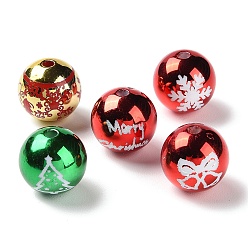 Mixed Color UV Plated & Printed Acrylic Beads, Christmas Theme, Iridescent, Round with Snowflake/Christmas Bell/Christmas Tree Pattern, Mixed Color, 15.5mm, Hole: 3mm