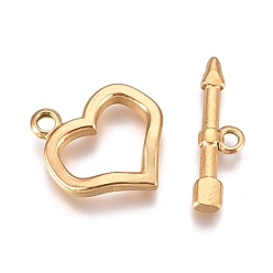 Golden Ion Plating(IP) 304 Stainless Steel Toggle Clasps, Heart, Golden, Heart: 20x18x2.6mm, Hole: 2.4mm, Bar: 7.5x23.4x2.6mm, Hole: 2mm