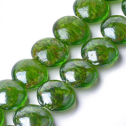 Green Handmade Gold Sand Lampwork Beads Strand, Flat Round, Green, 18.5~20x20~21x10~12mm, Hole: 1.5mm, about 19pcs/strand, 14.4 inch~14.5 inch