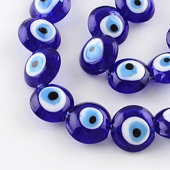 Bleu Rondes plat mauvais œil brins de perles au chalumeau, bleu, 15~16x8~9mm, Trou: 2mm, Environ 24 pcs/chapelet, 13.7 pouce