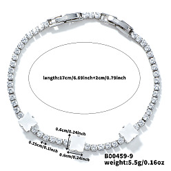 Белый Минималистичные квадратные латунные браслеты-цепочки с кубическим цирконием для женщин, платина, белые, 6-3/4 дюйм (17 см)