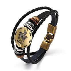 Aquarius Braided Leather Cord Retro Multi-strand Bracelets, with Wood Beads, Hematite Beads and Alloy Findings, Flat Round,  Antique Bronze, Aquarius, 8-1/4 inch(21cm)
