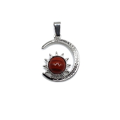 Red Jasper Natural Red Jasper Pendants, Antique Silver Plated Alloy Moon with Sun Charms, 28x22mm