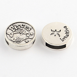 Pisces Antique Silver Plated Tibetan Style Flat Round Alloy Slide Charms, with Constellation/Zodiac Sign, Cadmium Free & Lead Free, Pisces, 17~18x5mm, Hole: 11x3mm, about 282pcs/1000g