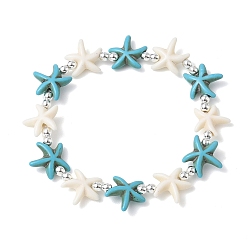 Серебро Браслеты из синтетической бирюзы и немагнитных гематитовых бусин, эластичные, для женщин и мужчин., морская звезда, разноцветные, серебряные, внутренний диаметр: 2.01 дюйм (5.1 см)