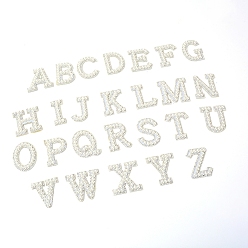 White Computerized Embroidery Cloth Iron On/Sew On Patches, with Imitation Pearl Beads and Rhinestone, Costume Accessories, Appliques, Alphabet, Letter A~Z, White, 44~49x20~51x5.5mm, 26pcs/set