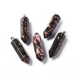 Rhodonite Natural Rhodonite Double Terminated Pointed Pendants, with Platinum Tone Brass Findings, Bullet, 39x10x10mm, Hole: 3x6mm