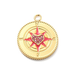 Темно-Розовый 304 подвески из нержавеющей стали с эмалированными стразами, подвески в форме компаса, ионное покрытие (ip), реальный 14 k позолоченный, темно-розовыми, 24x20x3 мм, отверстие : 2.2 мм