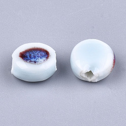Light Sky Blue Handmade Porcelain Beads, Fancy Antique Glazed Porcelain, Flat Round, Light Sky Blue, 10~11x10.5~11x5~5.5mm, Hole: 1.5~2mm