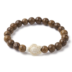 Wood Natural Wood Round & Synthetic Turquoise Turtle Beaded Stretch Bracelet for Women, Inner Diameter: 2-1/8 inch(5.5cm)