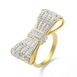 Golden Ion Plating(IP) 304 Stainless Steel Rhinestone Wide Band Rings for Women, Bowknot, Golden, US Size 7(17.3mm)