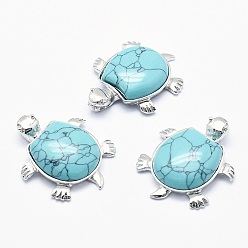 Синтетическая Бирюза Синтетический зеленый бирюзовый кулон, со сплавочной фурнитурой, черепаха, платина, окрашенные, 38x30.5x8.2 мм, отверстие : 3x4.5 мм